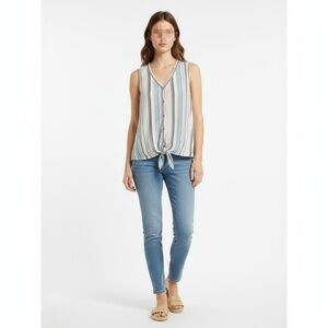 Rachel Zoe Large Gray Blue Striped‎ V-Neck Tie Front Coastal Boho Blouse